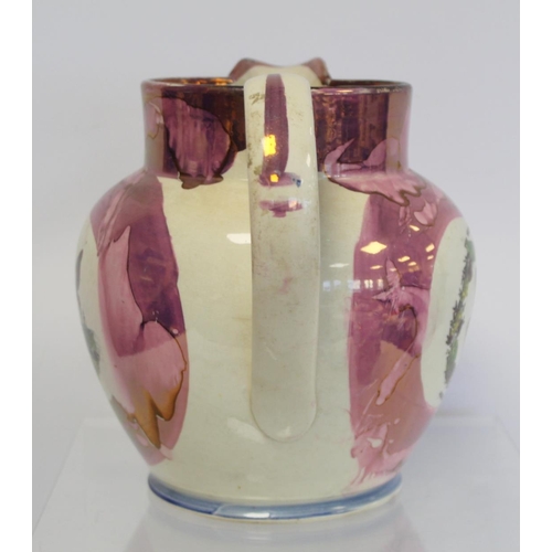 269 - Large 19th century Sunderland pink lustre jug with polychrome transfer panels of the fortune hunter ... 