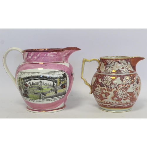 270 - Victorian Sunderland pink lustre marriage jug with polychrome transfer panels depicting a view of th... 