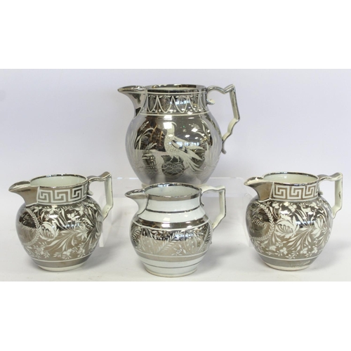 271 - Pair of early 19th century silver lustre pearlware jugs with floral decoration, Greek key borders an... 