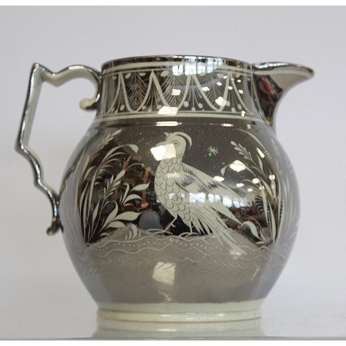 271 - Pair of early 19th century silver lustre pearlware jugs with floral decoration, Greek key borders an... 