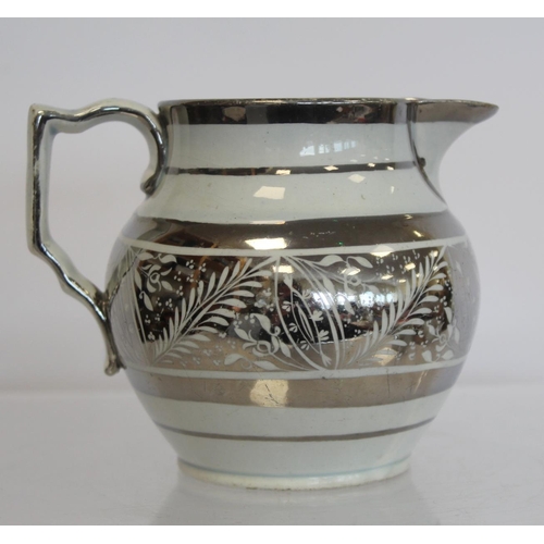 271 - Pair of early 19th century silver lustre pearlware jugs with floral decoration, Greek key borders an... 