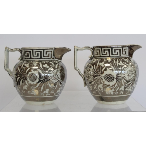 271 - Pair of early 19th century silver lustre pearlware jugs with floral decoration, Greek key borders an... 