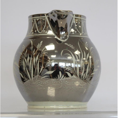 271 - Pair of early 19th century silver lustre pearlware jugs with floral decoration, Greek key borders an... 