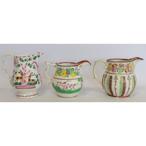 272 - Two 19th century graduated pearlware copper lustre jugs with polychrome panels depicting faith and c... 