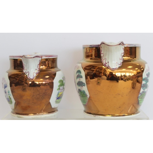 272 - Two 19th century graduated pearlware copper lustre jugs with polychrome panels depicting faith and c... 