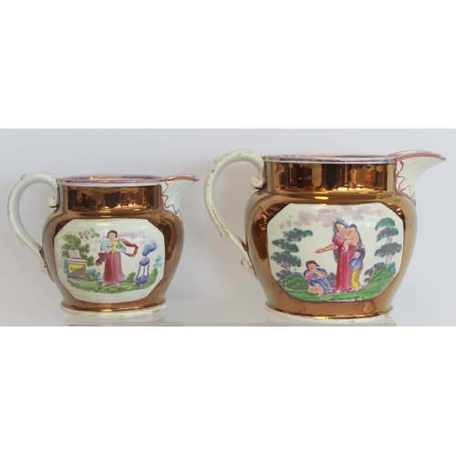 272 - Two 19th century graduated pearlware copper lustre jugs with polychrome panels depicting faith and c... 