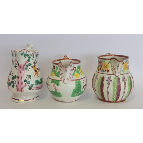 272 - Two 19th century graduated pearlware copper lustre jugs with polychrome panels depicting faith and c... 