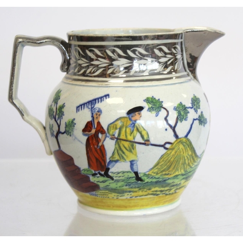 275 - Four early 19th century pottery jugs; one with yellow ground, bat printed panels of country estates ... 