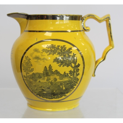 275 - Four early 19th century pottery jugs; one with yellow ground, bat printed panels of country estates ... 