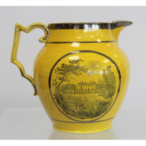 275 - Four early 19th century pottery jugs; one with yellow ground, bat printed panels of country estates ... 