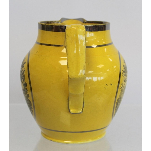 275 - Four early 19th century pottery jugs; one with yellow ground, bat printed panels of country estates ... 