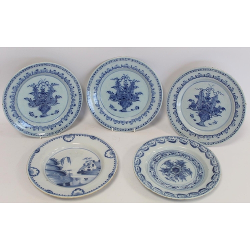 279 - Collection of five antique blue and white Delft tin glazed plates; one decorated with a Chinese lake... 