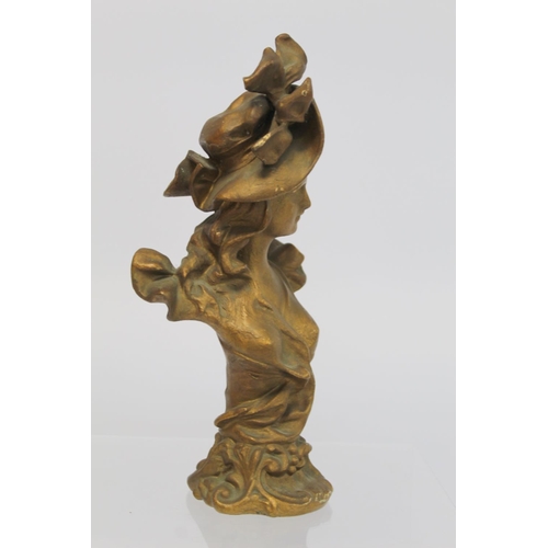 281 - Late 19th/early 20th century cast metal bust of a belle epoque lady on square socle plinth base with... 