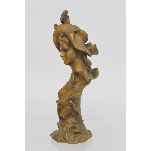 281 - Late 19th/early 20th century cast metal bust of a belle epoque lady on square socle plinth base with... 