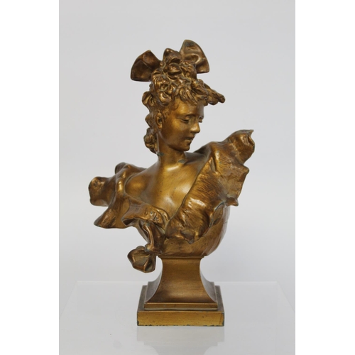 281 - Late 19th/early 20th century cast metal bust of a belle epoque lady on square socle plinth base with... 