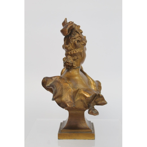 281 - Late 19th/early 20th century cast metal bust of a belle epoque lady on square socle plinth base with... 