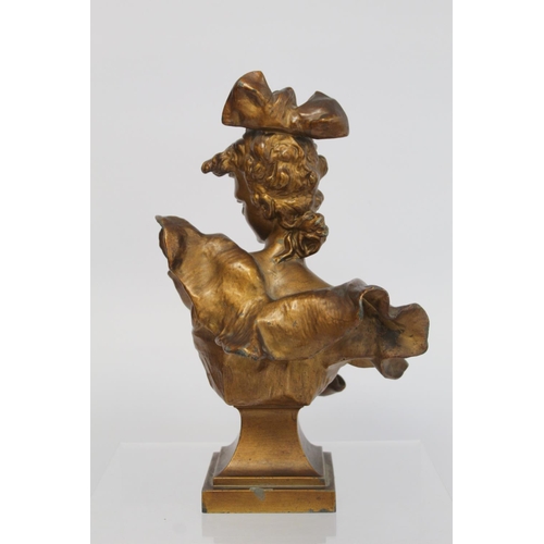 281 - Late 19th/early 20th century cast metal bust of a belle epoque lady on square socle plinth base with... 