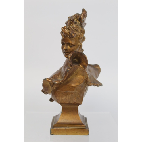 281 - Late 19th/early 20th century cast metal bust of a belle epoque lady on square socle plinth base with... 