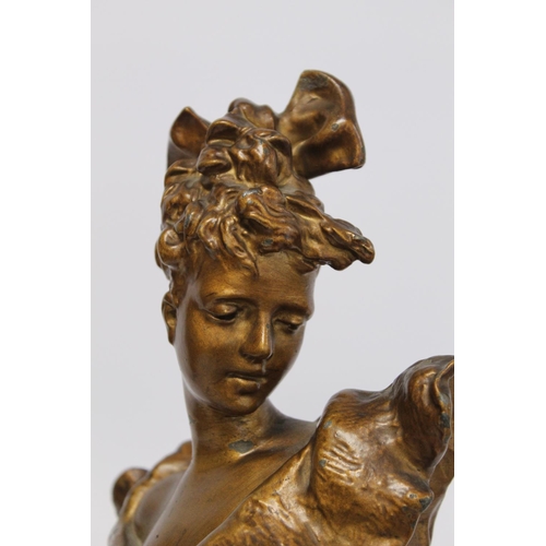 281 - Late 19th/early 20th century cast metal bust of a belle epoque lady on square socle plinth base with... 