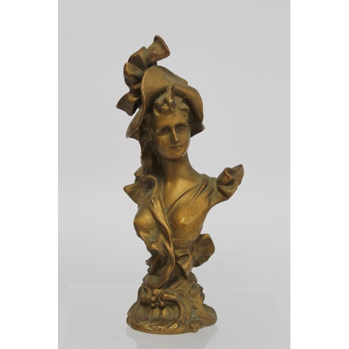 281 - Late 19th/early 20th century cast metal bust of a belle epoque lady on square socle plinth base with... 