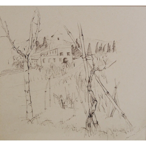 285 - Mid 20th Century School.Houses with trees (a vineyard?).Sepia, pen and ink sketch.20.5cm x 22cm.Insc... 