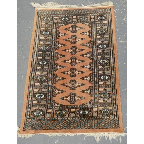 460 - Indian rug with geometric and floral decoration, on cream, yellow, beige and green ground, 174cm x 9... 