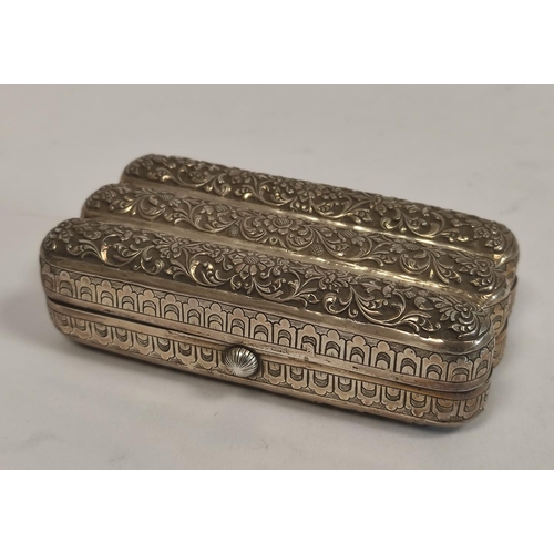 103 - Indian embossed silver cheroot case, for six. 12cm long. 145g, 4.5oz.