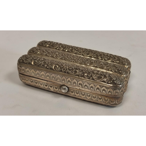 103 - Indian embossed silver cheroot case, for six. 12cm long. 145g, 4.5oz.