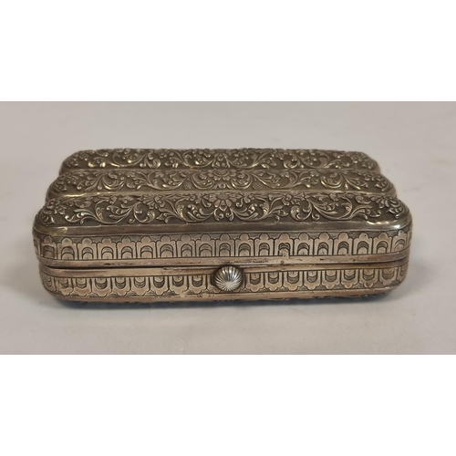 103 - Indian embossed silver cheroot case, for six. 12cm long. 145g, 4.5oz.