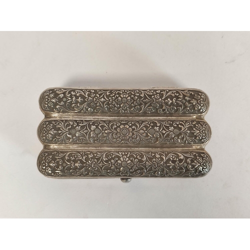 103 - Indian embossed silver cheroot case, for six. 12cm long. 145g, 4.5oz.