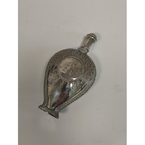 119 - Middle Eastern silver flask with embossed cartouche and beading, possibly Tibetan, 81grams, 2.5oz .