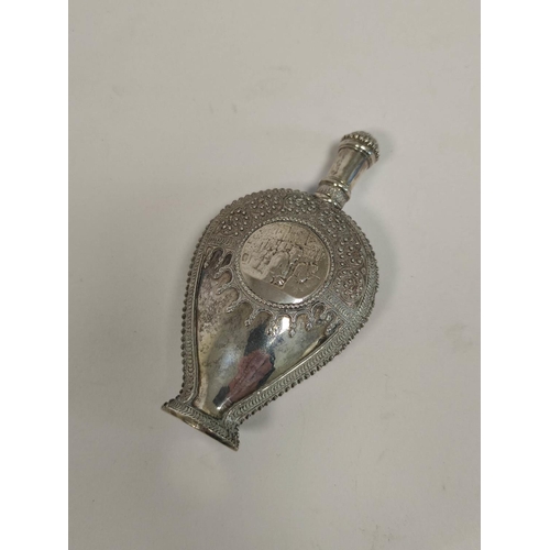 119 - Middle Eastern silver flask with embossed cartouche and beading, possibly Tibetan, 81grams, 2.5oz .