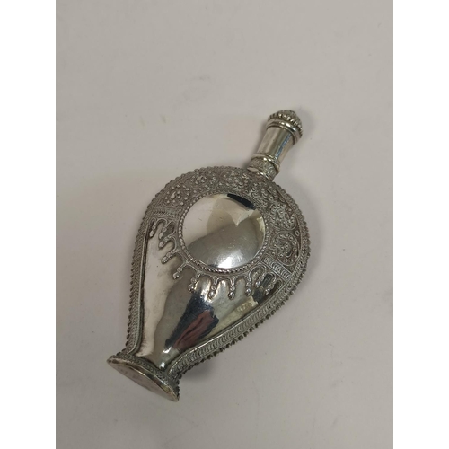 119 - Middle Eastern silver flask with embossed cartouche and beading, possibly Tibetan, 81grams, 2.5oz .