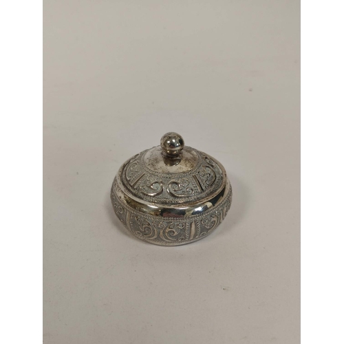 120 - Dutch embossed silver toy table, Import Marks 1899, an Oriental box and a plated figure of Suvannama... 