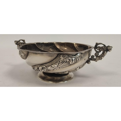 98 - Hemespherical silver bowl of Dutch style, spirally fluted and embossed with figure handles by C S Ha... 