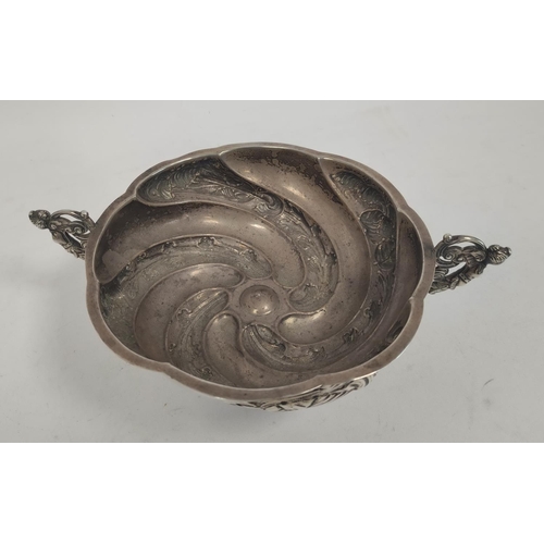 98 - Hemespherical silver bowl of Dutch style, spirally fluted and embossed with figure handles by C S Ha... 