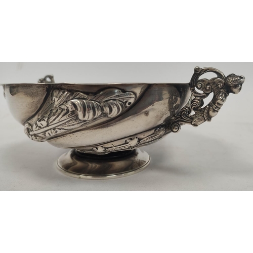 98 - Hemespherical silver bowl of Dutch style, spirally fluted and embossed with figure handles by C S Ha... 