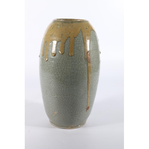 109 - Oriental crackle and drip glazed pottery vase, 29cm tall.