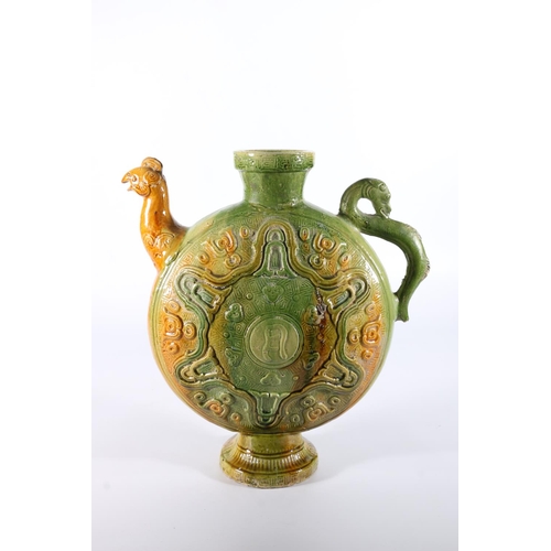 116 - Chinese pottery moon flask shaped teapot, the handle in the form of a dragon and spout in the form o... 