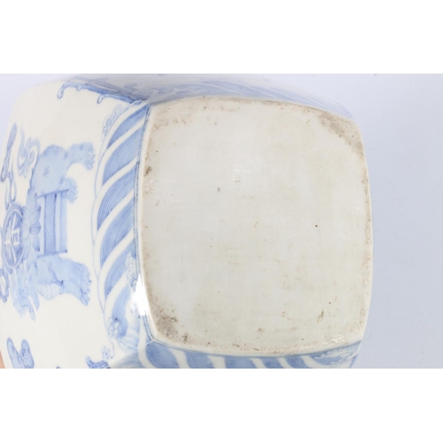 118 - Chinese blue and white jar and cover of rounded square section, decorated with mythical creatures an... 