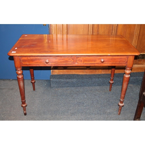 466 - Victorian mahogany and inlaid hall table, with two frieze drawers, on turned supports, 114cm.