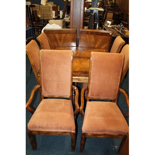 469 - Walnut style pull-out dining table, with two additional leaves, and six (4 + 2) dining chairs.