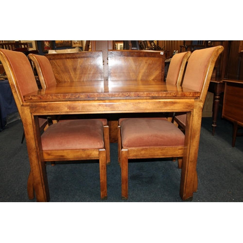 469 - Walnut style pull-out dining table, with two additional leaves, and six (4 + 2) dining chairs.