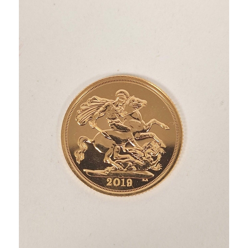 139 - 2019 gold Sovereign, uncirculated.