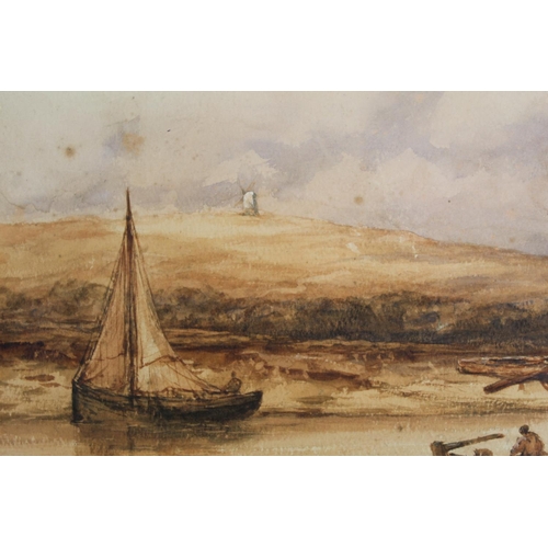 290 - Early 19th Century British School.Estuary at low tide with fishing boats, with windmill in the dista... 