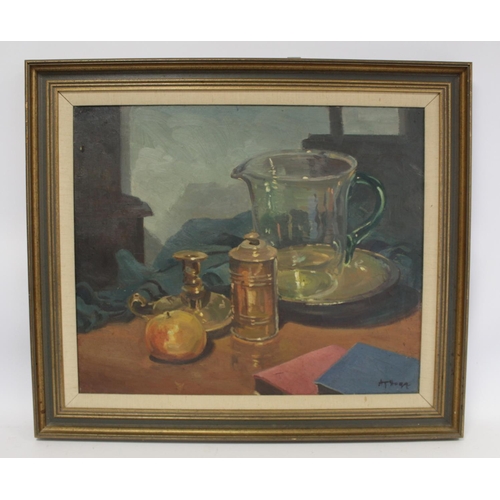 297 - A. T. Hogg (20th Century British School).Still life with glass jug, chamberstick, fruit, etc.Oil on ... 