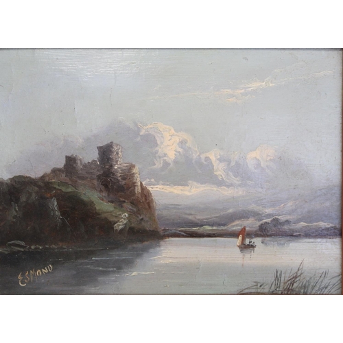 299 - Esmond (Late 19th/early 20th Century School).Lake scenes - a pair.Both oil on board.Each 17cm x 23.5... 