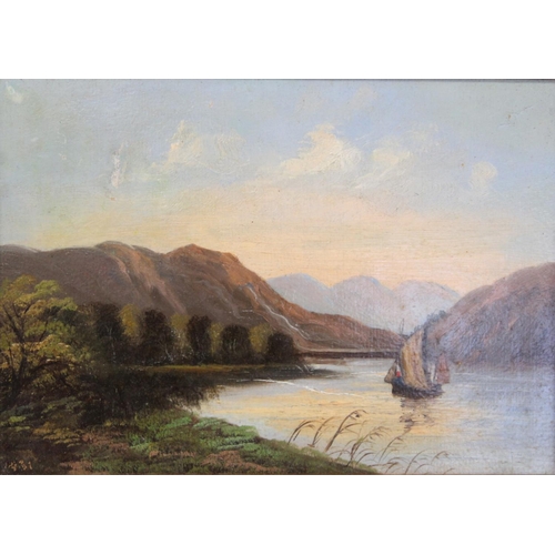 299 - Esmond (Late 19th/early 20th Century School).Lake scenes - a pair.Both oil on board.Each 17cm x 23.5... 