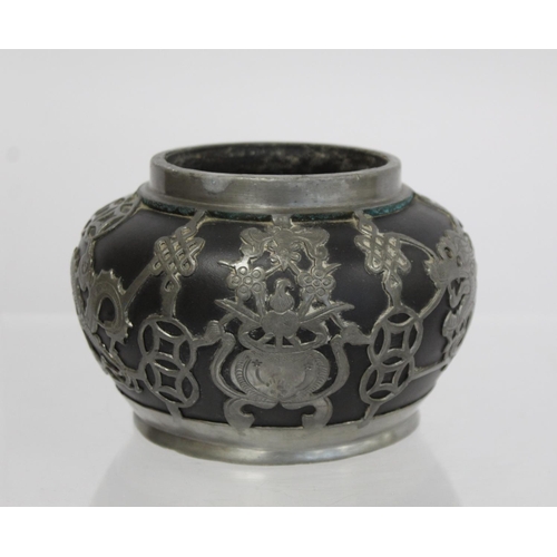 316 - Late 19th/early 20th century Chinese black stoneware squat circular vase with applied pewter decorat... 