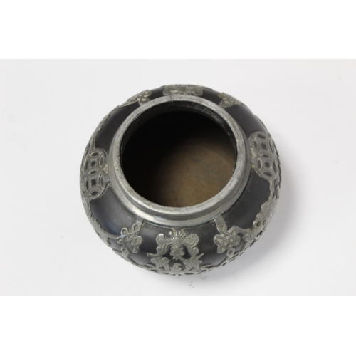 316 - Late 19th/early 20th century Chinese black stoneware squat circular vase with applied pewter decorat... 